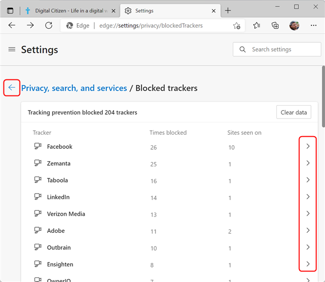 See details about each blocked tracker