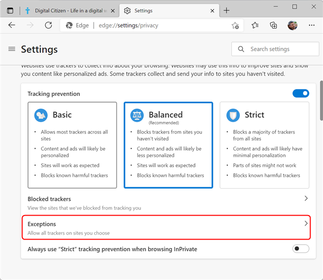 Access Tracking prevention Exceptions list