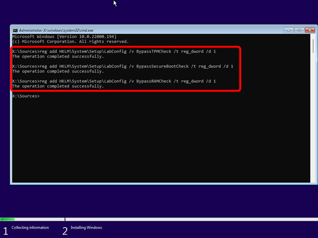 The commands that bypass Windows 11's TPM, SecureBoot, and RAM checks