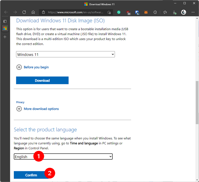 Choose the language of the Windows 11 ISO