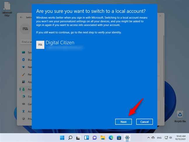 Continue the process of switching to a local account on Windows 11