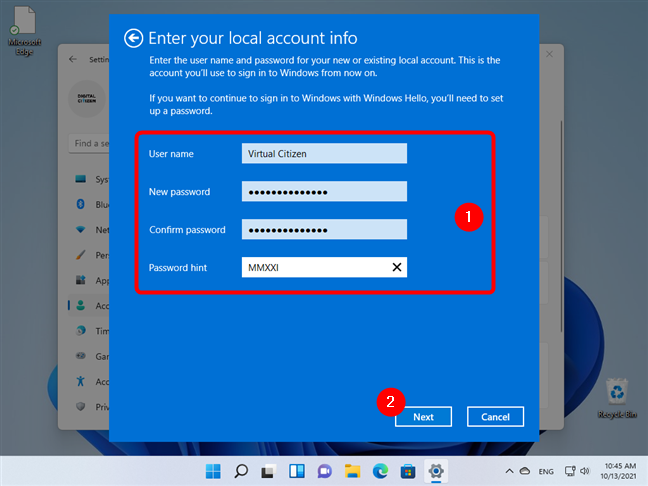 Enter the details of your local Windows 11 user account