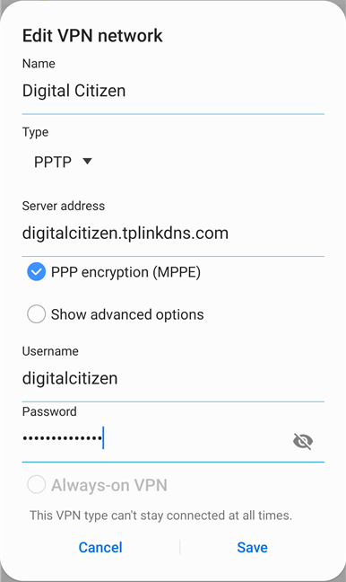 Entering the details for the VPN connection