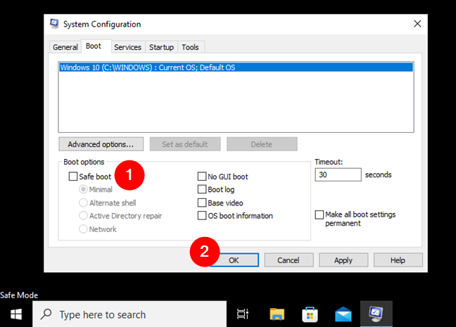 Uncheck Safe boot in System Configuration to exit Safe Mode