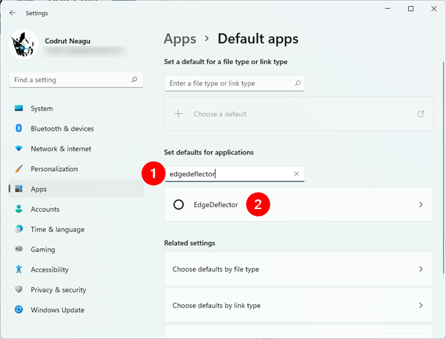 Procurando EdgeDeflector nos aplicativos padrão das configurações