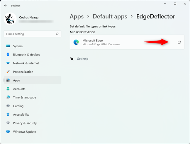 Opening the Microsoft Edge entry from EdgeDeflector file and link type associations