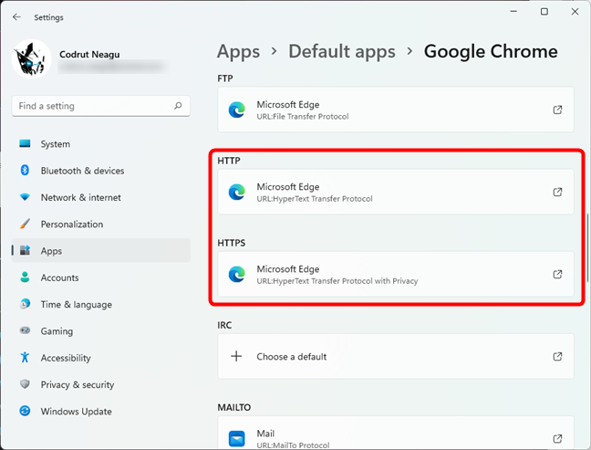 As entradas HTTP e HTTPS da página de configurações de um navegador