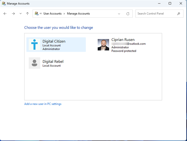 Click on the account you want to change to Administrator or Standard