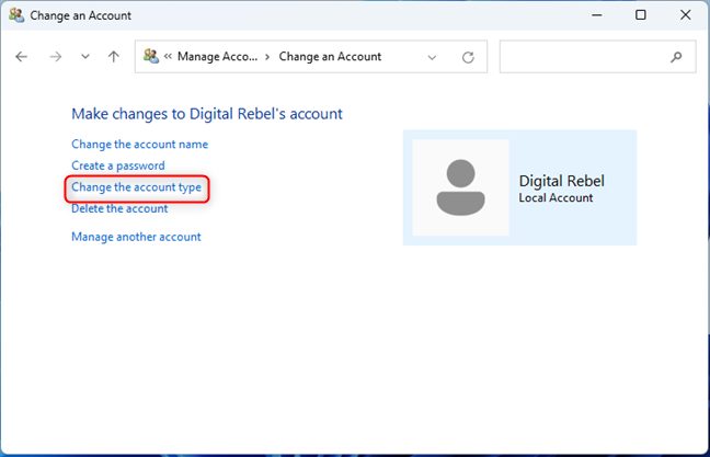 Click on Change the account type