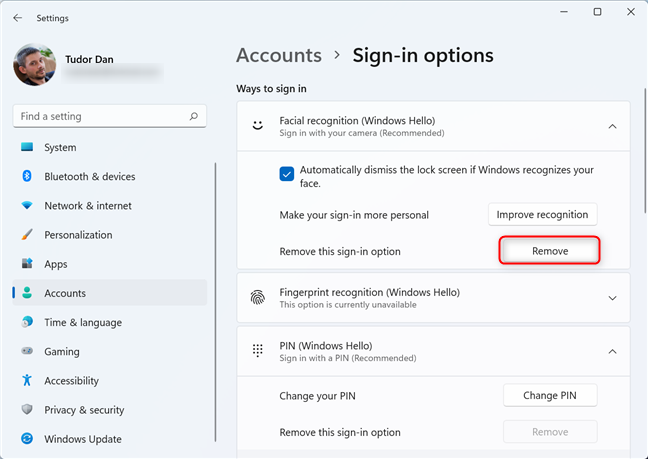 Removing facial recognition in Windows 11