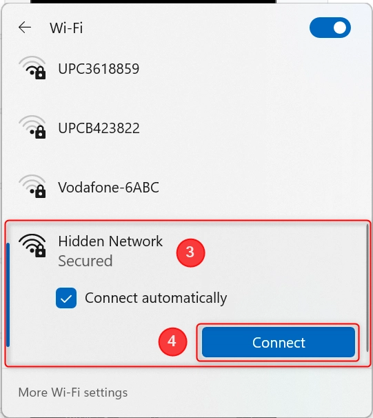 Select Hidden Network in the list and click or tap on Connect