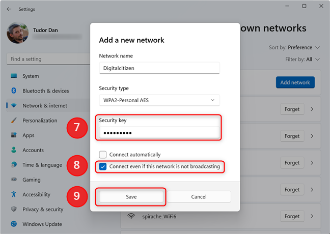 Enter the password and configure the new network