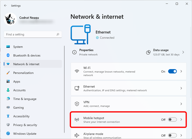 The Mobile hotspot entry from Windows 11's Settings