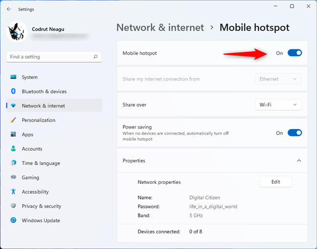 Turning on the Windows 11 hotspot