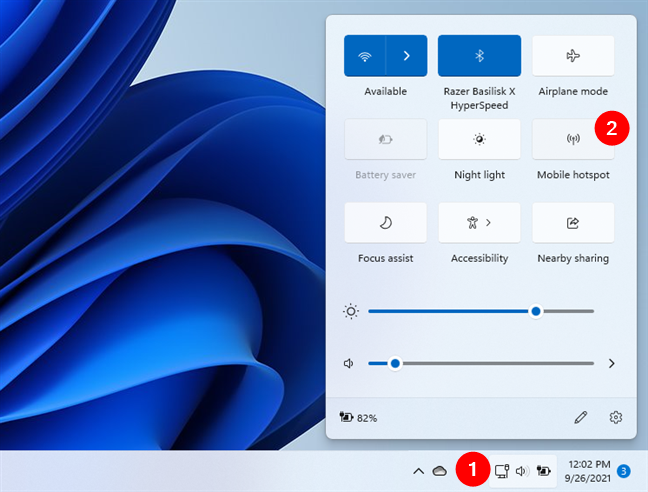 Turning on a Windows 11 hotspot from the quick settings panel