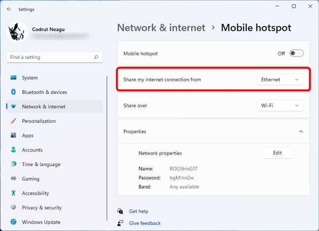 The list of available internet connections for the Windows 11 hotspot