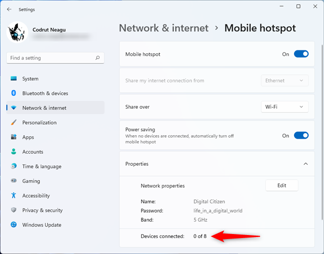 The number of Devices connected to the Windows 11 hotspot