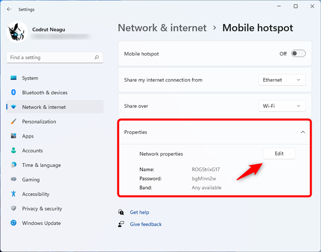 Press Edit in the Windows 11 hotspot Properties