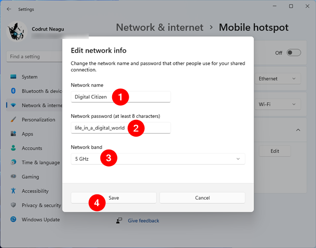 Custom settings for the Windows 11 hotspot