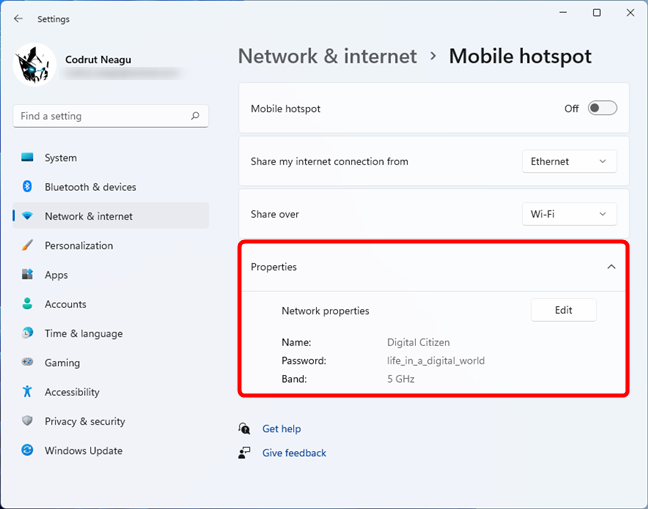 Personalized Windows 11 hotspot