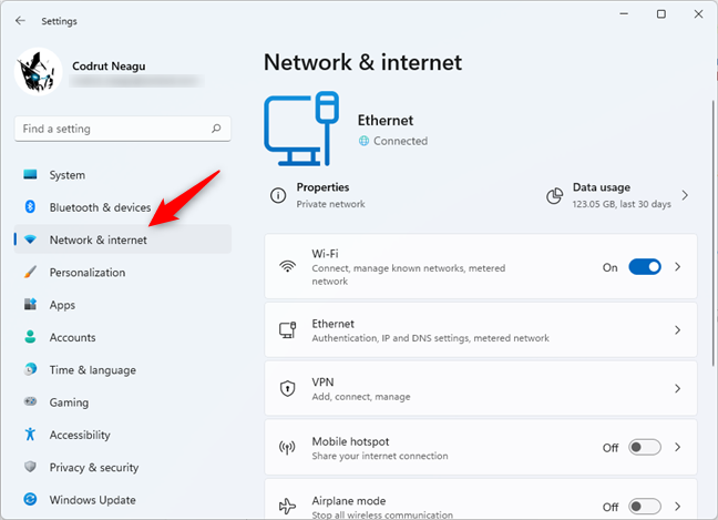 Go to Network & internet in the Windows 11 Settings app