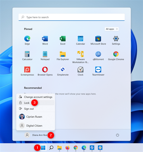 Lock screen in Windows 11 from the Start Menu