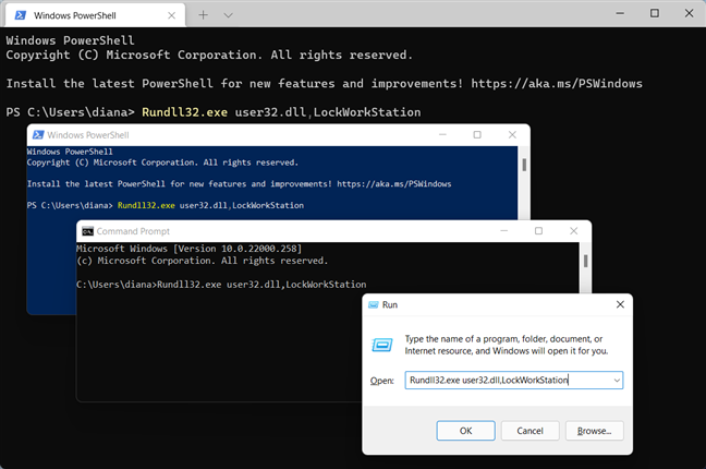 In Windows 11, lock screen using a command line