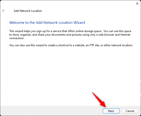 Press Next in the Add Network Location wizard