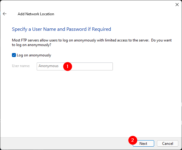 Select whether the FTP server requires authentication or allows anonymous logins