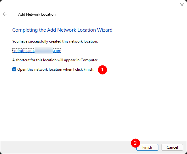 The end of the Add Network Location wizard