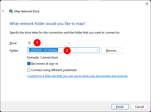 Choosing the mapped drive letter and the folder to map as a network drive