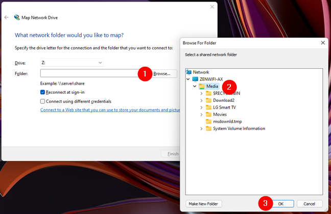 Browsing for the folder to map as a network drive