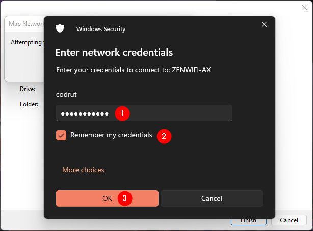 Enter the network credentials to use with the mapped network drive
