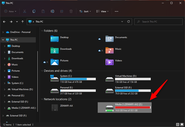 File Explorer shows all the mapped network drives in its Network locations section