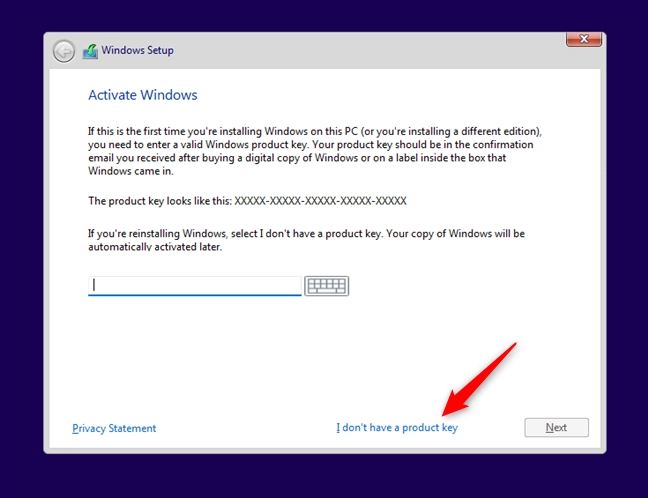Choose I don't have a product key