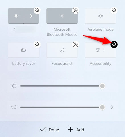 Press the unpin icon to remove a button from the Windows 11 Quick Settings