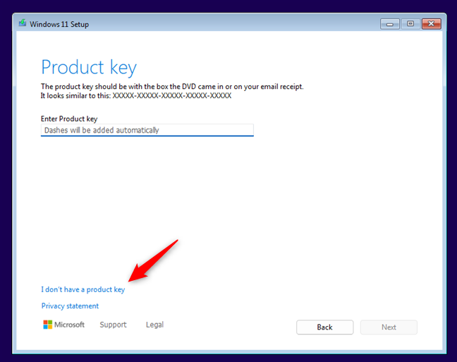 Choose I don't have a product key