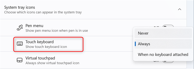 Choose when you want to turn on the touch keyboard shortcut on the taskbar