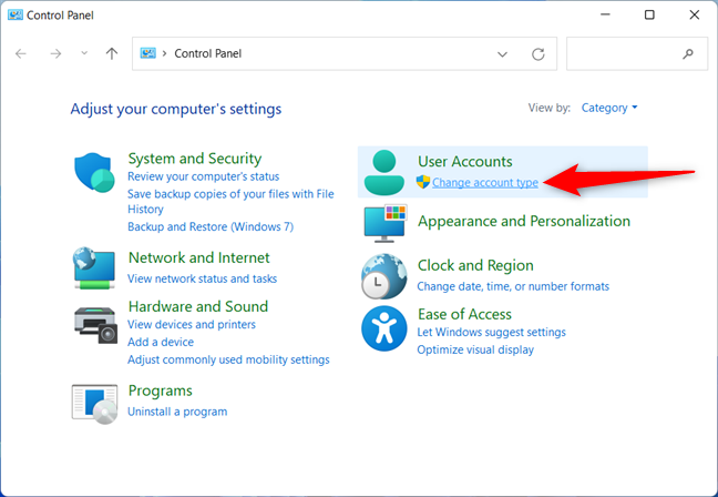 Under User Accounts, access Change account type