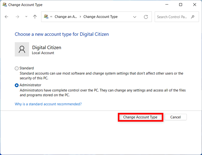 How to Change Account Type to Administrator from the Control Panel