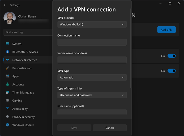 Enter the VPN connection details