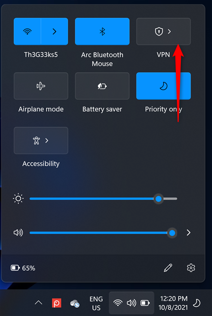 Click or tap VPN in Quick Settings