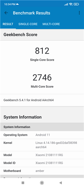 The results of the Xiaomi 11T in Geekbench 5