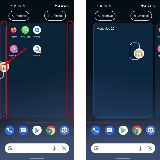 Moving a shortcut to another page of the Home screen on Android 12