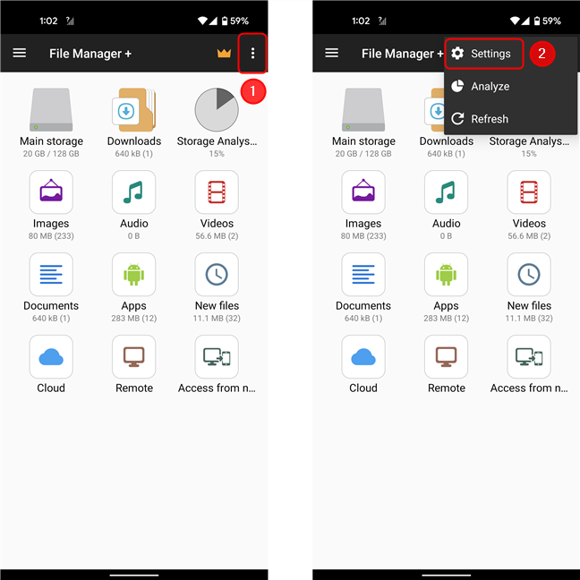 Access Settings in the File Manager app