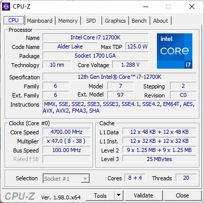 Intel Core i7-12700K: Specifications shown by CPU-Z