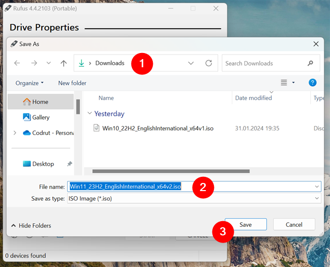 Choose the location where you want to save the Windows 11 ISO