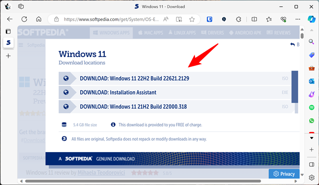 The Windows 11 download page from Softpedia