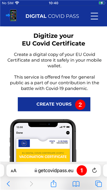 Use Safari to go to getcovidpass.eu