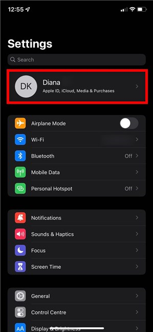 The Apple ID entry in an iPhone's Settings
